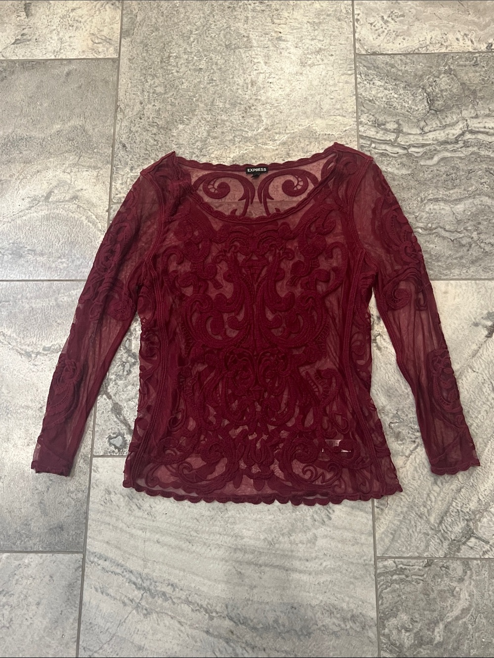 Express Burgundy Embroidered Sheer Long Sleeve Top
